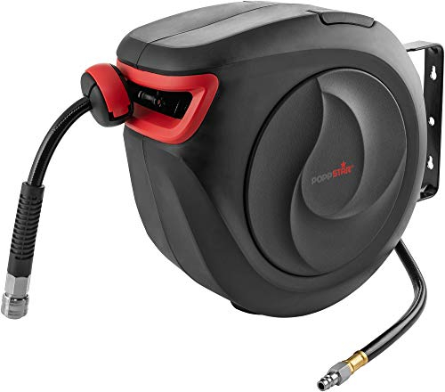 Poppstar Enrollador de manguera de aire comprimido (manguera: 15m + 1m, diámetro interno de 3/8 (9,5x15mm), 1/4 BSPT), mecanismo de enrollado para manguera de aire comprimido