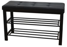 La Maison Shoe Rack Bench 3 Tier Leather Button Tufted Cushioned Seat Hallway Padded Storage Organiser Entryway Shelf Metal Frame (Black)