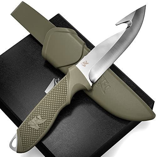 Wolfgangs WHUNTER 2 Jagdmesser feststehende Klinge mit Aufbrechhaken aus starkem D2 Stahl (Durchgängiger Erl) - Aufbrechmesser auch als Angelmesser - Survival Outdoor Messer mit robuster Scheide