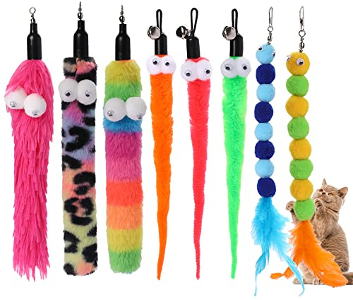 8 Pcs Cat Wand Toy Refills Replacement Cat fishing rod toys Interactive Kitten Feather Wand Refills Attachment with Bells for Indoor Cats Kitten