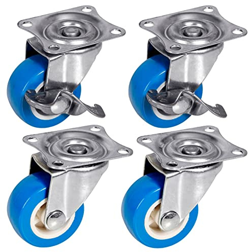 PRIOstahl Lenkrollen Möbelrollen Bremsrollen Schwerlastrollen Transportrollen - 4er SET: 2 Lenkrollen + 2 Lenkrollen mit Bremse 38mm Blaue Rollen für Möbel Spurlos & Leise Premium Rollensatz