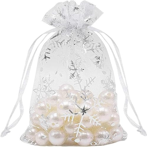 50 PCS Snowflake Organza Bags for Christmas, White Organza Gift Bags White Snowflake, 10x15cm Gift Pouches with Drawstring for Christmas,Wedding Favour Jewelry Pouch Bags