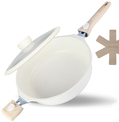 DIVORY braising pan 28cm Induction, Serving Skillet with lid 4.2l - Removable Handle, Coated Cooking Pot ovenproof, Aluminium braising pan high Rim + Protector