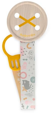 Suavinex, Chupetero de Tela para Bebé, Cinta con Diseño a Doble Cara, Cadena Chupete Bebé, Sujeta Chupete Clip con Pinza. Para Bebés +0 Meses, Apto Recién Nacido, Walk Amarillo