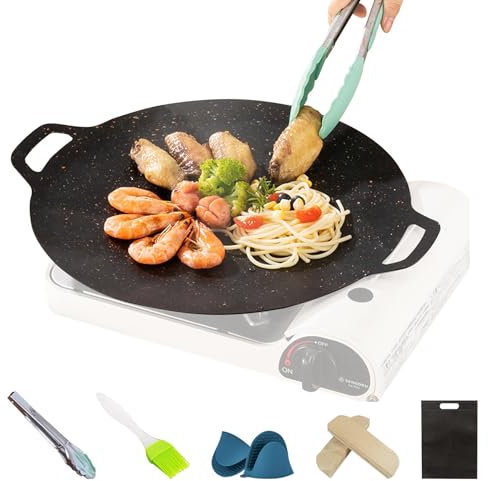 Tokenhigh Korean Barbecue Grill Pan, BBQ Round Grill Plate, Non-Stick Smokeless Flat Pan, Flat Induction Grill Pan for Meat, Pancakes, Home, Camping, Black (Diameter 32 CM)