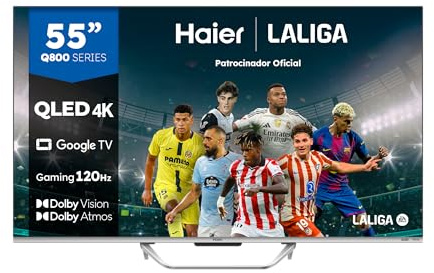 Haier QLED 4K UHD H55Q800UX - 55, Smart TV, Google TV, Dolby Atmos y Dolby Vision, HDR 10, Smart Remote Control, Google Assistant, Bluetooth 5.1, DBX TV, HDMI 2.1 x 4, Sin Marcos, 2023
