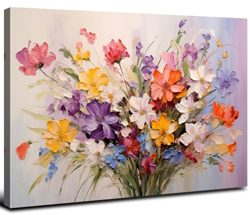 Colorful Flower Canvas Wall Art Yellow Orange Purple Wildflower Painting Prinrts for Teen Girls Room Decor Botanical Picture Floral Poster Modern Framed Artwork Bathroom Bedoom Home Decoration 12x16
