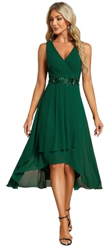 Ever-Pretty Vestido de Invitada de Boda Gasa Cuello en V Elegante Midi Vestidos de Cóctel sin Mangas Midi Falda Irregular Verde Oscuro 44