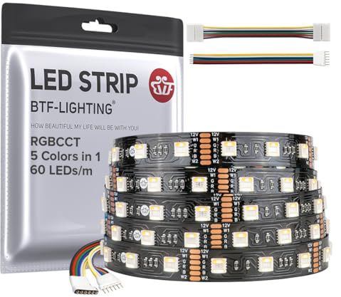 BTF-belysning RGBCCT 5 färger i 1 5050SMD LED-remsa DC12 V 5 m 60 LED/m 300 LED RGB+varm vit svart PCB IP30 icke-vattentät för inomhusdekoration (kontroll och strömförsörjning ingår inte)