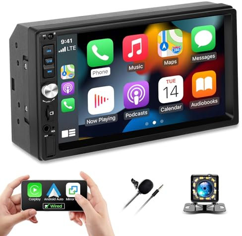 7 Zoll LCD Touchscreen 2 DIN Car Radio mit Android Auto Carplay verkabelt, Autoradio 2 DIN mit Bluetooth FM Car Audio Support Mirror-Link SWC Einstellungen Hintergrundbeleuchtung bunt Rückfahrkamera