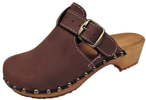 Schwedische Art Holz Clogs - Pantolette Gr.35-36-37-38-39-40-41 **BRAUN - Nubuk**Echt Leder (Braun, EU Schuhgrößensystem, Erwachsene, Damen, Numerisch, M, 38)