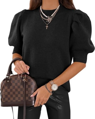 Saodimallsu Pull à manches courtes bouffantes pour femme - Col rond - Léger - En tricot - Manches bouffantes - Élégant - Extensible - Couleur unie - Haut basique
