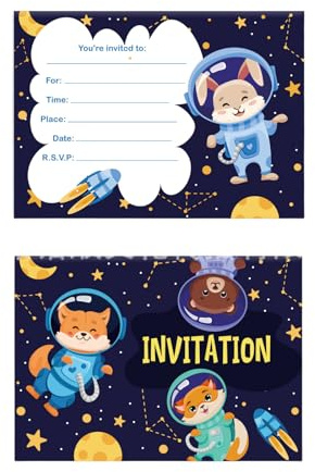 Teogneot Lot de 20 cartes d'invitation pour fête spatiale - Motif animaux d'astronaute - Bleu marine