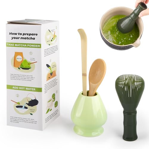 4 pezzi Matcha Set Cerimonia Giapponese, Frusta Matcha in Resina, Cucchiaio di Bambù, Paletta di Bambù, Supporto Frusta, Set Perfetto Per Preparare, Verde