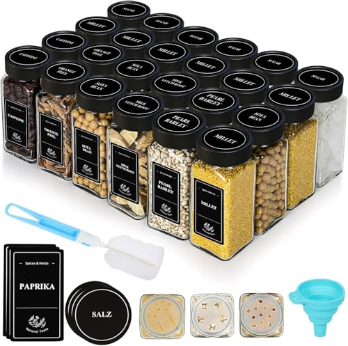 Danillous ‌Square Spice Jar Set of 24-120ml Transparent Glass Containers with Premium Black Matte Lids | Complete Kit with 180 Labels, Funnel & Brush