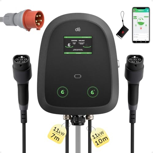 dé Wallbox Doppia 2×11kW [7m+10m, 6-16A, Trifase] Colonnina Ricarica Auto Elettrica con Cavo Tipo 2, Wallbox 11kw Tipo 2 Controllo App & RFID, Wallbox Trifase per la Ricarica Doppia per BEV/PHEV