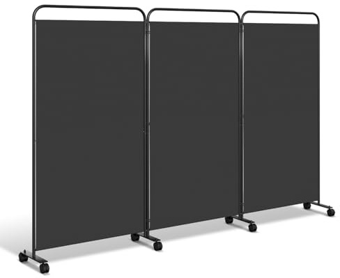 Joparri Paravent sur roulettes avec frein en anthracite - Paravent incurvé et 3 parties à poser - Brise-vue mobile 263 x 180 cm - Idéal pour le bureau et le salon