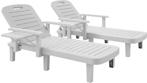 Outsunny Set de 2 chaises Longues avec Dossier réglable en 5 Positions, Tablette et accoudoirs ergonomiques, transat de Jardin en polypropylène imperméable, 79x158x88 cm, Blanc