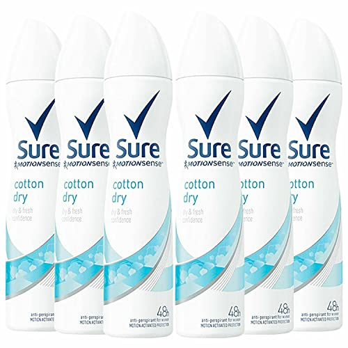 Sure Cotton Dry Anti-Perspirant Aerosol Women's Deodorant Spray with a clean fragrance inspired by fresh cotton sheets for 48 hour protection against sweat and odour 6x 150 ml