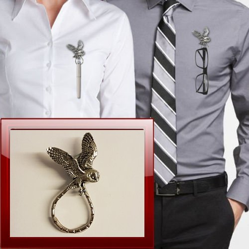 Porte-broche B19 en forme de chouette effraie pour lunettes, stylo, carte d'identité, bijoux en étain