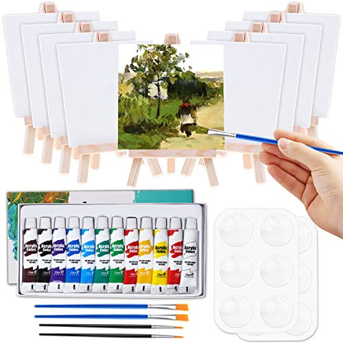 Cridoz Mini Canvas Painting Set - 47 Pieces, 4x4 Inches Primed Canvas, Easel, Acrylic Paint, Brushes, and Palette for Kids Artists