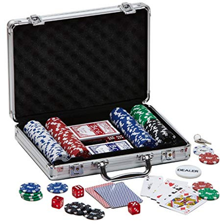 PROMO SHOP Maletin Poker con 200 Fichas de Poker de 5 valores Distintos, 5 Dados, Distribuidor de Fichas y 2 Barajas · Poker Set Profesional con Maletin de Poker de Aluminio Resistente
