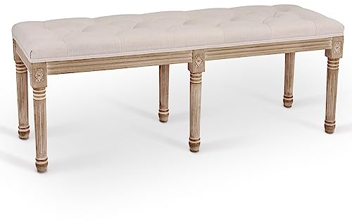 VONLUCE Banco Tapizado Vintage de 122 CM de Largo con Asiento Acolchado, Asiento de Comedor y Reposapiés, Banco Otomano Rústico Francés para Dormitorio, Sala de Estar, Pasillo