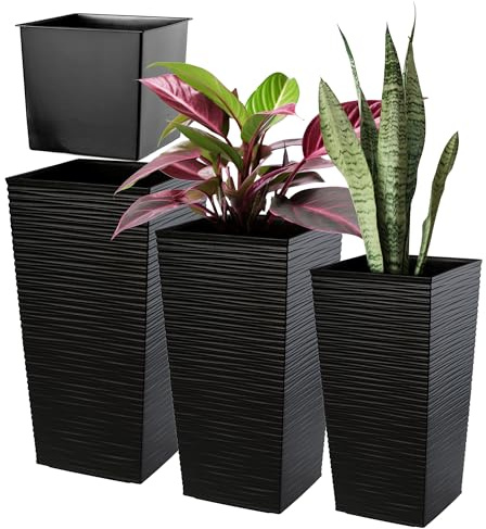 KADAX 3er Set Pflanzkübel mit Innentopf 57/68/75 cm Höhe, Schwarz – wetterfeste & robuste Blumenkübel aus Kunststoff, Blumentöpfe für Innen- & Außenbereich