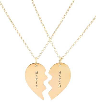 doble aro - Colgante Corazón Personalizado con Nombre para Parejas - Collar para Enamorados - Cadena Rolo 45 cm + Alargador. Corazón Plata, Plata de Ley 925/1000. (Corazon Oro)