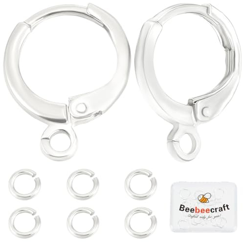 Beebeecraft 20 pz 925 ganci per Orecchini Rotondi In Ottone Placcato Argento Sterling con Anelli A Leva e Anelli di Salto Aperti con Scatola di Immagazzinaggio per Risultati di Creazione di Gioielli | Ganci per orecchie francesi in ottone placcato argento Sterling 925, con scatola per la creazione di gioielli