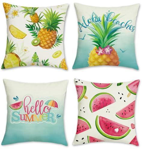 Bonhause Hello Summer Cushion Covers 45 x 45 cm Watermelon Pineapple Decorative Throw Pillow Covers Polyester Linen Pillowcases for Sofa Bed Home Patio Outdoor Decor Set of 4