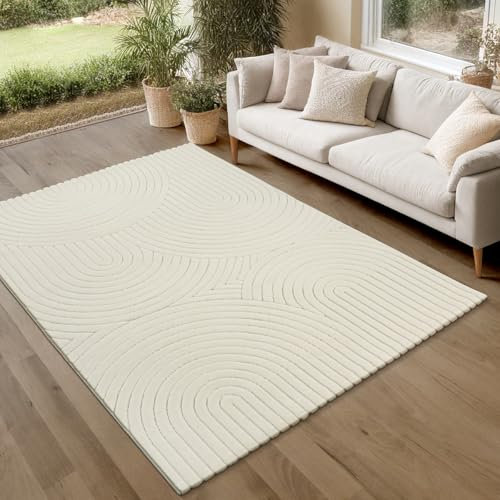the carpet Parma Teppich Wohnzimmer, Schlafzimmer, Outdoor geeignet, waschbar, moderner Kurzflor mit Hoch-Tief-Effekt, angenehm weich, Creme, 80 x 150 cm