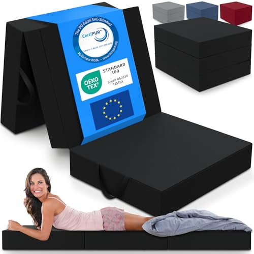 ELONEO Colchón Plegable, colchón para Invitados, colchón Plegable de 3 Piezas, Espuma Extra Gruesa (15 cm), Lavable, Plegable, Adultos (Negro, 90 x 200 x 15 cm)
