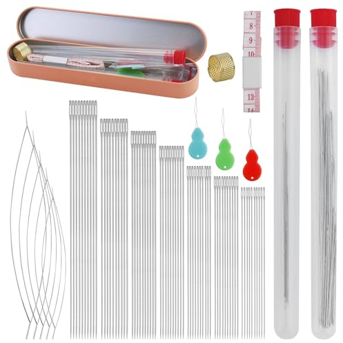Lot de 70 aiguilles à perles longues et droites, aiguilles à perles ouvertes, en 5 tailles et boîte en fer pour la fabrication de bracelets en argent avec 1 mètre ruban