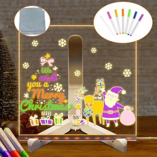 Acrylic Board, Drawing Tablet, 7.87 * 7.87 Inch with 2 Pcs Rag and Stand Creative Rewritable Acrylic Message Board, Drawing Board with 7 Color Pens, Art Doodle Board Glowing for Home School Office