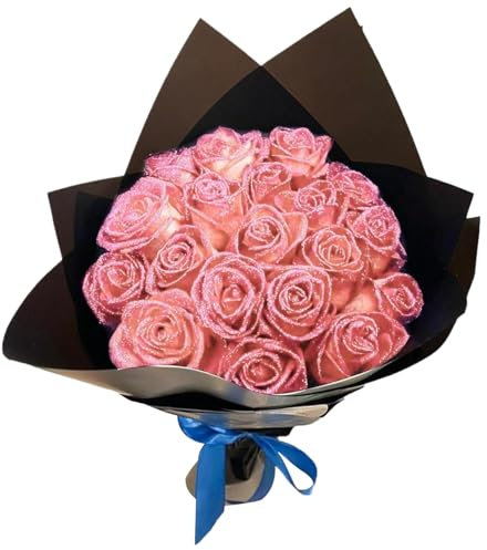 Bouquet de roses à paillettes, ensemble de bouquet rose artificiel réaliste comprend 12 fleurs, 12 tiges, 2 papier d'emballage et 2 ruban romantiques éternel fleurs pour le mariage, fleurs artificiel