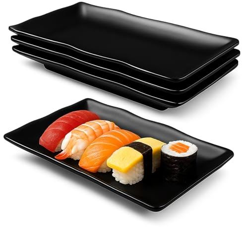Chingcoo Lot de 4 assiettes rectangulaires noires en mélamine, assiettes à entrées, assiettes à dessert, assiettes à collation pour sushis, gâteaux, salade, fruits, antipasti et accompagnements