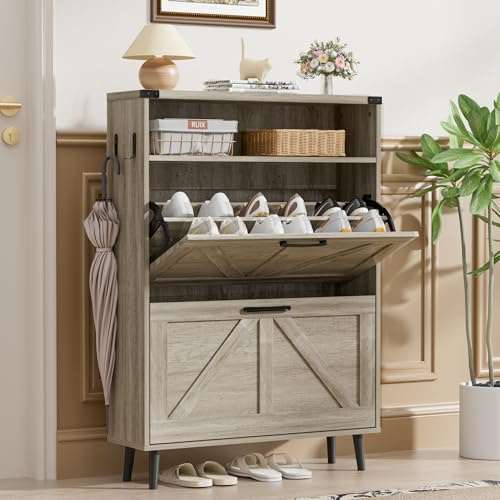 BonVache Grey Shoe Storage Cabinet with 2 Flip Drawers and 1 Shelf | Freestanding Narrow Shoe Organizer for Hallway Entryway,Shoe Cabinet Unit with Adjustable Shelves