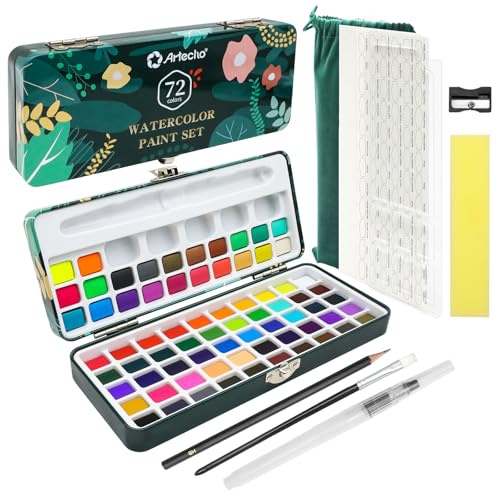 Artecho Juego de pintura de acuarela de 72 colores, juego de acuarela de viaje con papeles de acuarela y pinceles, ideal para aficionados aficionados, amantes de la pintura y artistas