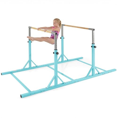 GYMAX Barras Paralelas de Gimnasia para Niños, Doble Barra de Baile Ajustable en Altura 85-145CM con 13 Niveles, Equipo de Entrenamiento en Casa con Soporte Metálico Triangular