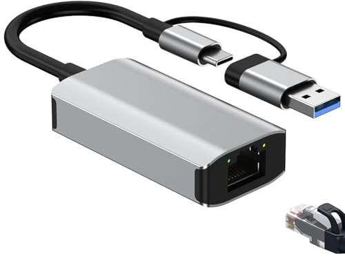 USB C och USB 3 0 Ethernet-adapter 1 000 Mbps RJ45 aluminium | Aluminiumhölje med 135 mm kabel och LED-skärm för kabelanslutna Gigabit-nätverksanslutningar till kompatibla enheter