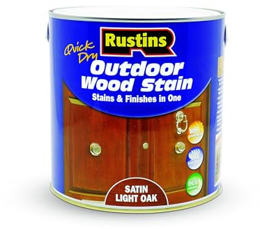 Rustins Quick Dry Outdoor Wood Satin Satin Light Oak 2.5ltrl- Durable and Weather-Resistant Finish, Fast Drying, Vibrant Color for Decks, Fences, & Furniture, Available in Many Wood Shades