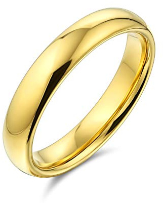 Bling Jewelry Anillo de boda de titanio para parejas, simple y delgado, con cúpula, chapado en oro de 14K, para hombres y mujeres, ajuste cómodo de 4MM.