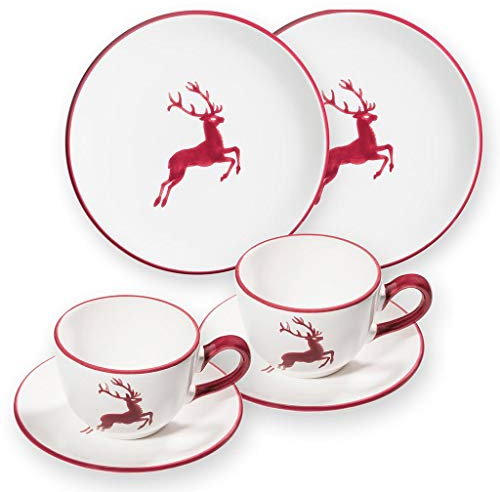 GMUNDNER KERAMIK Breakfast for two Classic Geschirrset bordeauxroter Hirsch Geschirr, handgemacht in Österreich