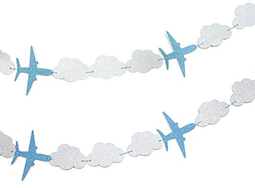 SUNBEAUTY Flugzeug Banner 3m Deko Wolke String Girlande Dekoration Kinderzimmer für Kinder Party Feier (Flugzeug & Wolken)