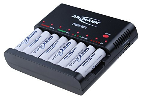 ANSMANN Powerline 8 battery charger with UK & EU Plugs | 8 way fast charger to charge and discharge NiMH rechargeable batteries | Pro USB port for camera, phone and tablet | w/ 8 x AA MaxE Pro 1900mAh