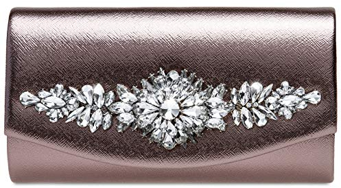 Caspar TA509 Damen Metallic Clutch Tasche mit ausgefallenem Strass Dekor, Farbe:taupe, Größe:Einheitsgröße