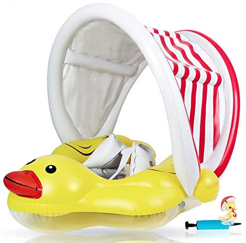 EDWEKIN® Einzigartiger Baby Schwimmtrainer mit abnehmbarem Sonnendach, Ente Schwimmring Baby, Baby Schwimmhilfe mit Sonnenschutz, Schwimmreifen für Babys, Kleinkinder, S