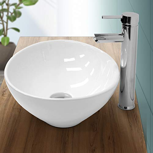 ECD Germany Waschbecken Waschtisch ca. 410 x 330 x 142 mm aus Keramik Weiß Aufsatzbecken Aufsatzwaschbecken Handwaschbecken Aufsatzwaschtisch Spülbecken Becken Wasserfall Waschschale Waschschüssel