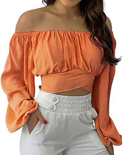Blusa de Verano para Mujer con Hombros Descubiertos Y Volantes con Manga Farol Y Lazo en la Espalda(M-Naranja)